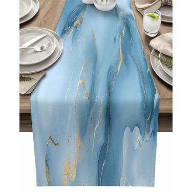 Imagem de Corredor curto de mesa de jantar de serapilheira de mármore azul 91 cm, pintura a tinta arte amarela moderna caminho de mesa cozinha corredor de mesa de centro decoração para ambientes internos e