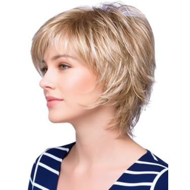 Imagem de Peruca loira curta com cabelo de fibra resistente ao calor, loiro ondulado, peruca sintética de aparência natural, peruca de substituição de cabelo para mulheres brancas