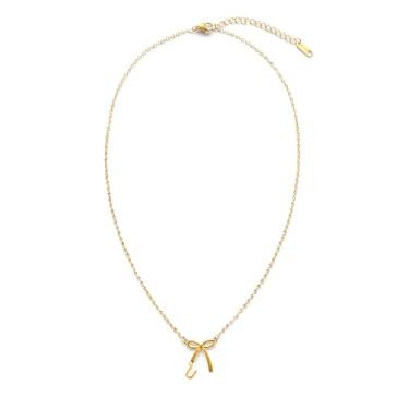 Imagem de Rumgey Colares com inicial para mulheres, colar de laço delicado pequeno com pingente de letra minúscula, colar de aço inoxidável, à prova d'água, moderno, bonito, laço, colar, monograma, nome