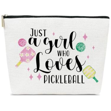 Imagem de ELSGFHSU Presentes de pickleball para mulheres, bolsa de maquiagem Just A Girl Who Loves Pickleball, ideia de presente de aniversário para jogadores de time amantes de bola, coisas esportivas, itens