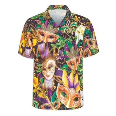 Imagem de Kosgraiy Camisa masculina de Mardi Gras manga curta com botões, roupa de carnaval para homens, camisetas casuais de praia havaiana divertidas, camisetas masculinas estampadas de carnaval