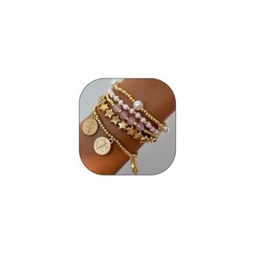 Imagem de Conjunto de pulseiras elásticas empilhadas de ouro para mulheres, pulseiras vintage com contas de pérolas e bolas, acessórios personalizados de joias modernas, presentes, Large, Liga de aço, Sem Pedra