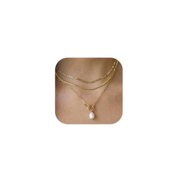Imagem de LILOLILO Colar feminino de camada dupla, espinha de peixe delicada e corrente de cobra, banhado a ouro 14 K, joias empilháveis hipoalergênicas, adjustable 5inch, Latão, Sem Pedra Preciosa