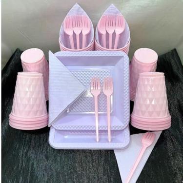 Imagem de Kit Festa Aniversário Itens Descartáveis Premium - Conjunto Copos, Pratos e Talheres em Cor Pastel para Aniversário, Casamento e Eventos(Rosa Lilás Candy)