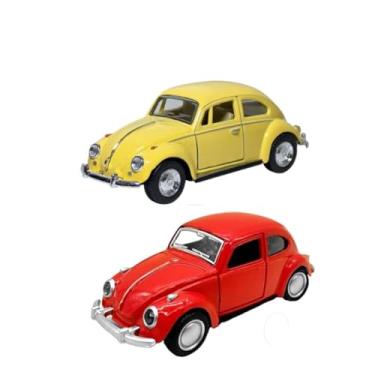 Imagem de Kit 2 Carrinhos de Ferro Fusca, Miniatura de Carro Colecionável, Abre Portas, Com Fricção, Fusca Miniatura Vermelho e Amarelo - Antigos Clássicos