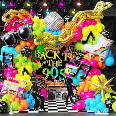 Imagem de Decoração de festa com tema de discoteca dos anos 80, 161 peças, kit de guirlanda de arco de balão arco-íris com óculos de rádio retrô, patinação, bola de discoteca, corrente de notas musicais, balões