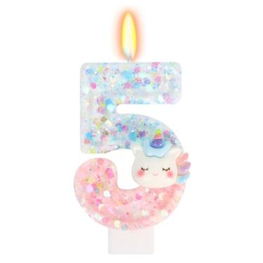 Imagem de Elekfx Vela de unicórnio número 5, decorações de aniversário de unicórnio para meninas, lembrancinhas de festa de 5 anos, topo de bolo arco-íris azul pastel e rosa com lantejoulas