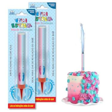 Imagem de 2 Unidades Vela Estrela Vulcão Festa Chá Revelação Menino Chama Azul Sexo do Bebê