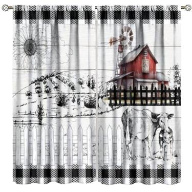 Imagem de FAOTELY Cortina rústica de fazenda rústica, vintage fazenda country vaca retrô vermelho celeiro padrão moinho de vento cortinas de janela para sala de estar quarto cozinha café (L50 x C 114 cm) x 2