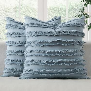 Imagem de MIULEE Conjunto de 2 capas de almofada decorativas boho com estampa jacquard listrada de linho azul e cinza para casa de fazenda costeira para sofá, sofá, sala de estar, quarto, 50 x 50 cm, decoração