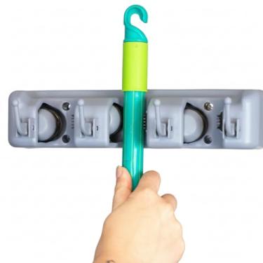 Imagem de Suporte de Parede Organizador para Vassouras e Utensílios, Plástico PP Cinza, 33cm, 4 Encaixes com 5 Ganchos Adicionais, Capacidade 8kg