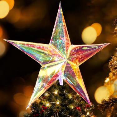 Imagem de 61 cm luzes coloridas grandes estrelas da Morávia decoração de pendurar estrelas de Natal iridescentes 5 pontas para pendurar ao ar livre para decoração de árvore de Natal de varanda interna e externa
