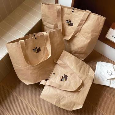 Imagem de Sacola de papel Kraft, bolsa de compras de lona de grande capacidade com estampa de cachorro fofo, bolsa de trabalho leve para viagens, viagens e praia, Marrom, Small