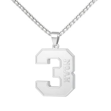 Imagem de Ldurian Colar com nome de número personalizado, pingente de corrente de número esportivo para homens, colares de nome de atletas personalizados 00-99 preto presente de aço inoxidável para homens