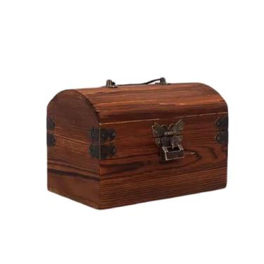 Imagem de Cofre de tesouro antigo, madeira maciça com trava e compartimento de moeda unidirecional para presentes personalizados e economias seguras (2)