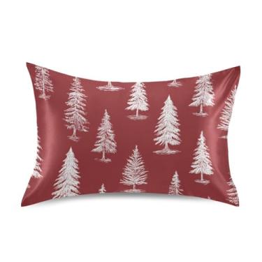 Imagem de Blueangle Fronha de cetim de árvore de Natal vermelha e branca para cabelo e pele, tamanho padrão (50,8 x 66 cm) - Capas de travesseiro de cetim refrescantes com fecho de envelope (294)