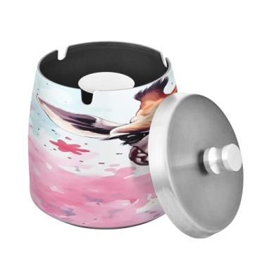 Imagem de Blueangle Cinzeiro de pintura de girafa com tampa para cigarros, à prova de vento/chuva, aço inoxidável, sem fumaça, inodoro, cinzeiro para uso interno ou externo (497)