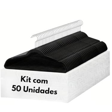 Imagem de Cabide De Veludo Preto Adulto Ultrafino Slin Antideslizante Kit com 50 Un.Cabides 360°Graus Para Roupas Casacos Camiseta Calça Reforçado