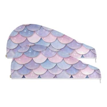 Imagem de SEHANY Toalha de cabelo de microfibra roxa pálida escamas de sereia para mulheres, 2 peças, turbantes de cabelo de secagem rápida com botão, touca de cabelo seco absorvente toalha de secagem de cabelo