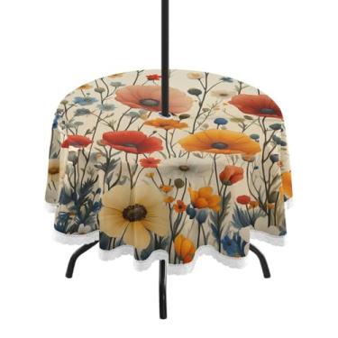 Imagem de Blueangle Toalha de mesa redonda impermeável com flores pastel de 152 cm com orifício para guarda-chuva - Tecido resistente à prova de sol para todos os climas para pátio, acampamento, piquenique(494)