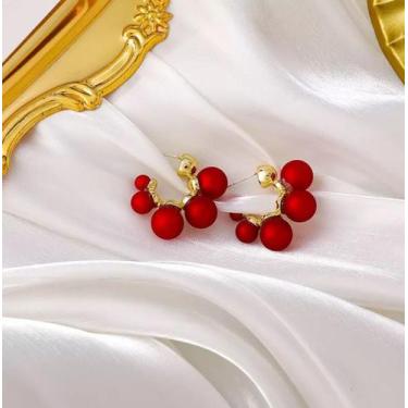 Imagem de Brinco Argola Dourado Bolinha Pérola Vermelha - DCXAM