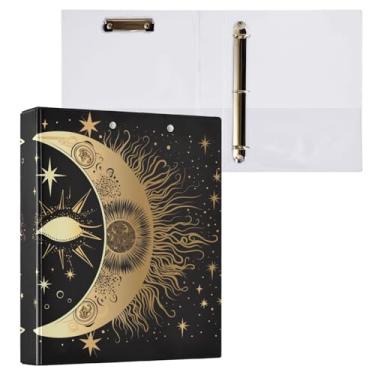 Imagem de Blueangle Fichário com 3 anéis de sol e lua dourados com prancheta e 2 bolsos - Organizador de documentos decorativos de 3 cm para escritório, suprimentos para reuniões (363)