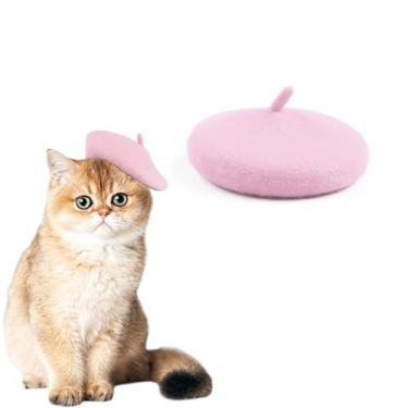 Imagem de Chapéu de boina de lã para animais de estimação, gato, cachorro, engraçado, artista, chapéu de boina de lã, acessórios modernos para festa de aniversário de inverno (rosa)