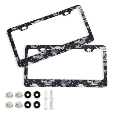 Imagem de SEHANY Molduras de placa de carro vintage rosa crânio, capas de alumínio à prova de ferrugem com furos elípticos e parafusos serve para veículos padrão dos EUA tamanho acessórios de carro para