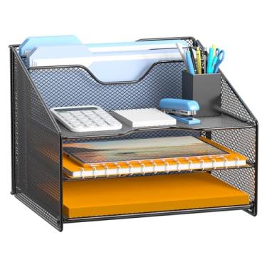 Imagem de Organizador de Arquivos de Mesa, Suporte para Pastas de Cartas em Malha com 3 Bandejas para Papéis e 2 Divisórias Verticais, para Material de Escritório, Acessórios de Mesa e Espaço de Trabalho, Preto