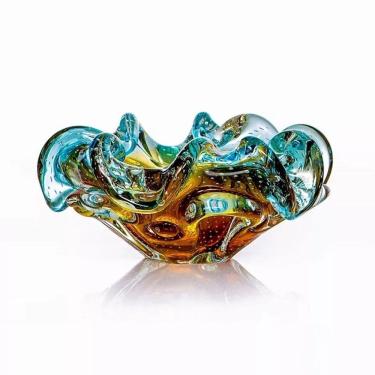 Imagem de Centro de Mesa Decorativo de Vidro Murano Degradê Âmbar com Azul 22x10cm São Marcos