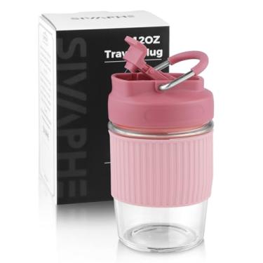 Imagem de Sivaphe Caneca de café de vidro reutilizável de 350 ml, caneca de viagem portátil com tampa à prova de derramamento e capa protetora para escritório em casa, rosa