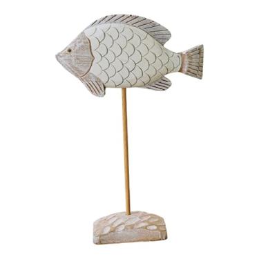 Imagem de MotiveTech Escultura de peixe de madeira em suporte, estátua, figura de animal marinho, decoração náutica para inauguração de casa ou jardim interno, Branco