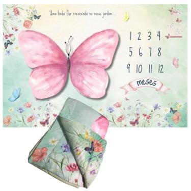 Imagem de Edredom Dupla Face Tapete Foto Bebê Mêsversário Borboleta Tapete Fotográfico Infantil, Acompanhamento Mensal, Super Macio, Estampa Digital, Com Marcador MDF