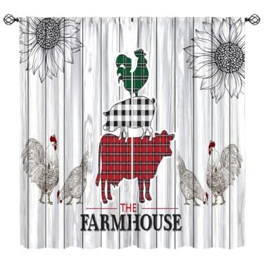 Imagem de Wallira Cortinas retrô de animais de fazenda de galo, tábuas de madeira, girassol, rústica, galinha, porco, vaca, decoração, bolso para varão, tratamento de janela, para café, cozinha, quarto, sala de