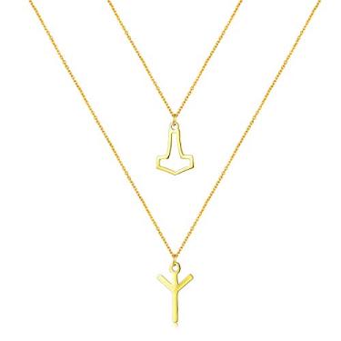 Imagem de 2 peças de pingente Mjolnir de martelo de Thor + The Elder Futhark Runes Mjolnir para mulheres, colar viking, banhado a ouro 18K, fé pagã nórdica, presentes delicados, Metal