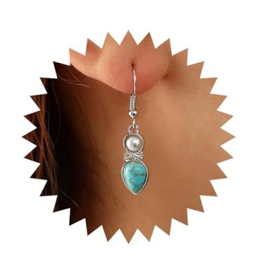 Imagem de Erimberate Brincos pendentes de gota boêmia, turquesa, prata, pérola, turquesa, gancho, gota de água, brincos de pedra turquesa, joias para presentes femininos, Zinco, Sem pedra preciosa