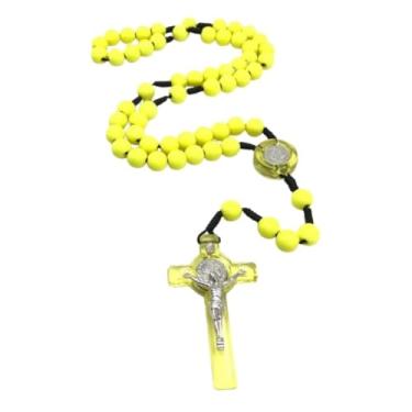 Imagem de Terço Rosário com Medalha de São Bento, Contas Coloridas 9mm, Crucifixo 6x3.6cm, Cordão Preto, 42cm (Amarelo)