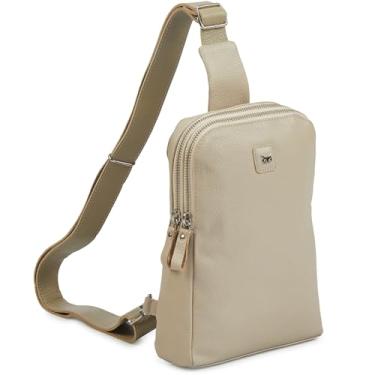 Imagem de Wise Owl Accessories Bolsa tiracolo de couro real para mulheres e homens, bolsa transversal no peito frontal com compartimentos para cartão de crédito, Napa bege