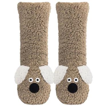 Imagem de Queenshin Meias felpudas para mulheres, com aderência, 3D, fofas, de pelúcia, quentes, para inverno, para ambientes internos, presentes de Natal, Cachorrinho marrom, 35/40 BR