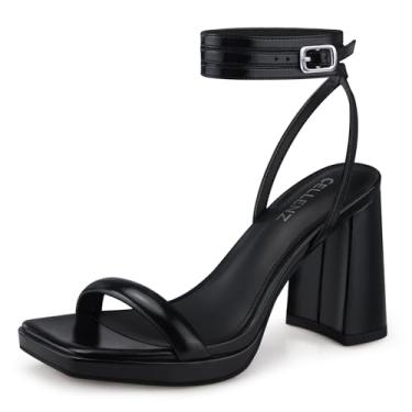 Imagem de CELLENZ Saltos plataforma grossos femininos: salto alto de 9 cm, festa, baile, sandálias quadradas de salto aberto, sapatos de casamento elegantes e sexy com tiras, 12 PU preto, 38