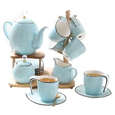 Imagem de LMJYU Court Style 16 peças porcelana cerâmica café chá conjuntos de presente xícaras e pires serviço de 6 bule de chá, açucareiro, jarro e suporte de madeira cinza