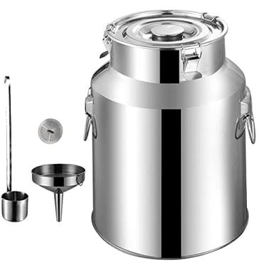 Imagem de uhyOHF Fermentador, lata de leite de aço inoxidável com tampa selada, copo de cabo longo, funil e filtro para armazenamento de líquidos e sólidos, transporte de balde de vinho de fermentação / 18L (5L