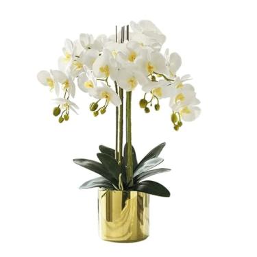 Imagem de LMJYU Flores artificiais Phalaenopsis com vaso dourado flor artificial seda orquídea artificial decoração em vaso falso 55 cm floral falso