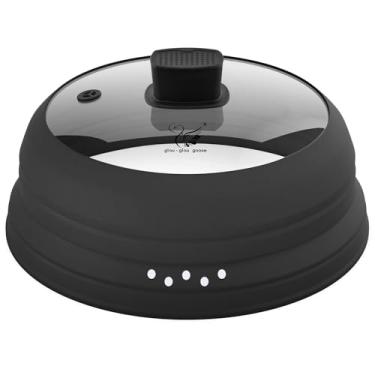 Imagem de Tampa de vidro alta contra respingos de micro-ondas 14,7 cm de altura com silicone dobrável para prato de panela de alimentos 26,67 cm preto