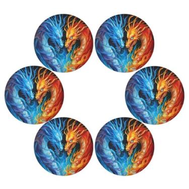 Imagem de Wassud Jogo americano conjunto de 6 tapetes redondos de dragão de fogo e dragão de água para cozinha e jantar tapetes laváveis resistentes ao calor para decoração de mesa 39 cm