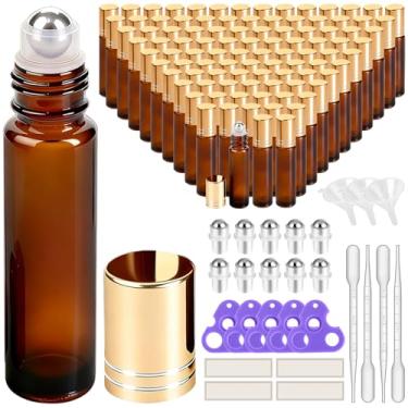 Imagem de PrettyCare Conjunto de 120 frascos de rolo de óleo essencial a granel de 10 ml com esfera de aço inoxidável - Frascos de vidro âmbar espesso vazio à prova de vazamento recarregável com tampas douradas