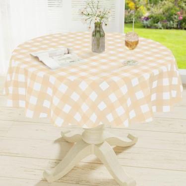 Imagem de misaya Toalha de mesa redonda de vinil impermeável, toalha de mesa de flanela de búfalo, capa de mesa de plástico limpa para jantar, cozinha, piquenique (152 cm, bege e branco)
