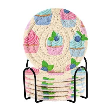 Imagem de SEHANY Conjunto de 6 porta-copos de sobremesa fofos com suporte, porta-copos redondos absorventes de algodão resistente ao calor para mesa de jantar, canecas de café, proteção de copos, 10 cm