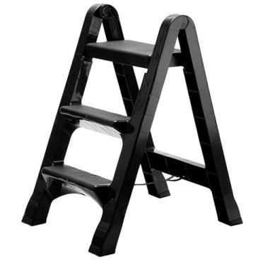 Imagem de Escada banqueta 3 degraus toda preta para Cozinha, Armário e Pintura- Escada Doméstica Portátil e Dobrável com Corrimão de Segurança