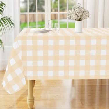 Imagem de misaya Toalha de mesa retangular de vinil impermeável, toalha de mesa de flanela de búfalo, capa de mesa de plástico limpável para jantar, cozinha, exterior (152 x 259 cm, bege e branco)